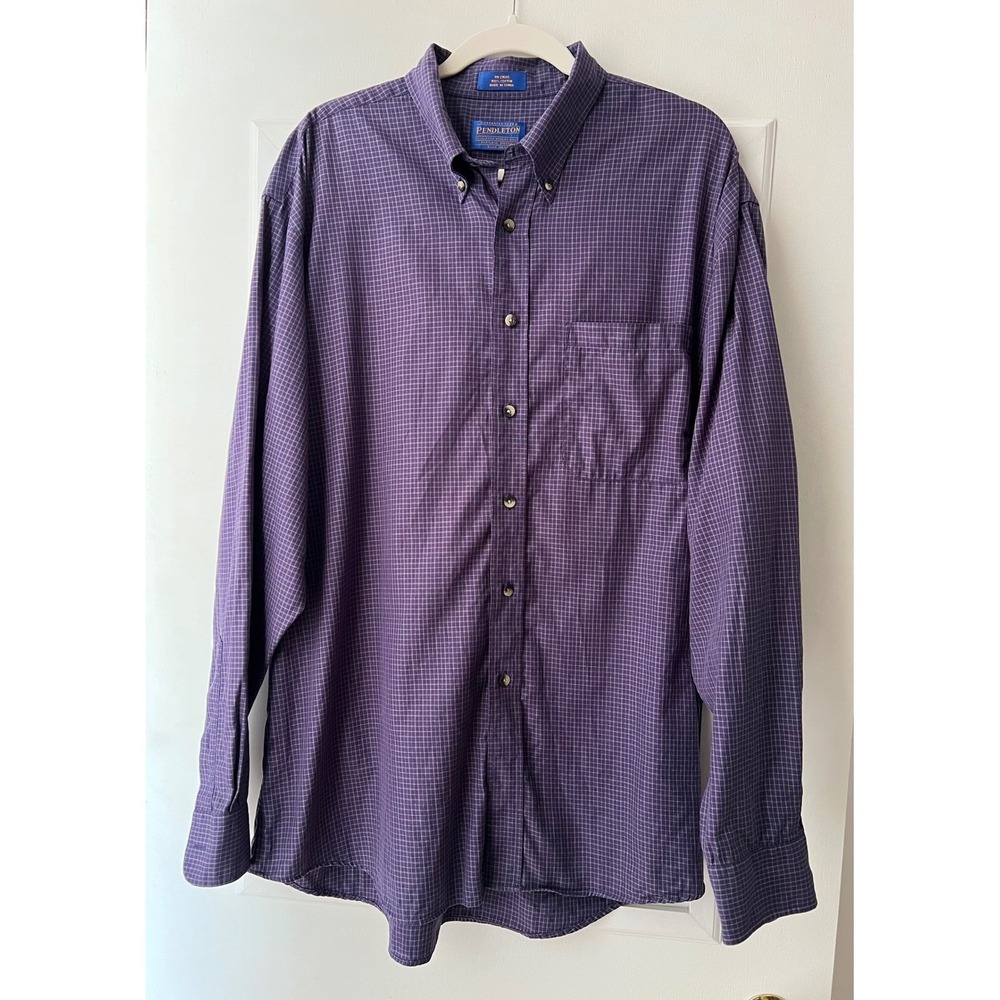 Pendleton Mens XL Long Purple Graph Check Cotton Button Down Shirt Long Sleeve